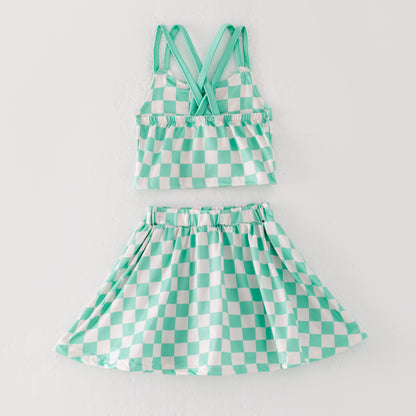 Girls Summer Muti-Colors Plaid Athletic Skirt Set