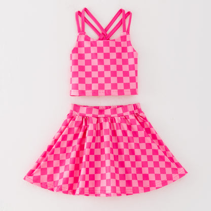 Girls Summer Muti-Colors Plaid Athletic Skirt Set
