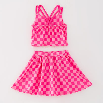 Girls Summer Muti-Colors Plaid Athletic Skirt Set