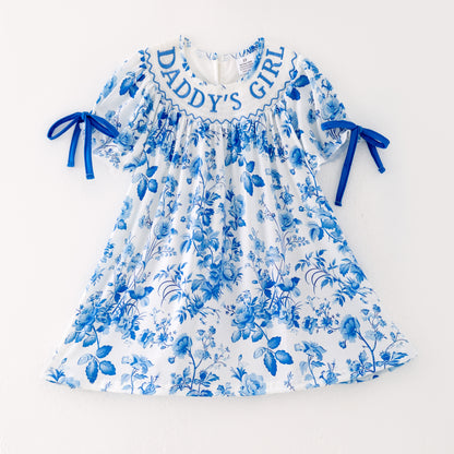 Girls Summer Blue Floral "DADDY'S GIRL" Smocked Bow Dress