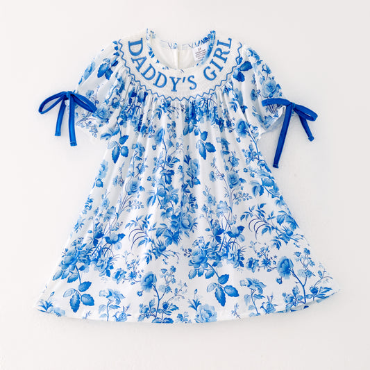 Girls Summer Blue Floral "DADDY'S GIRL" Smocked Bow Dress