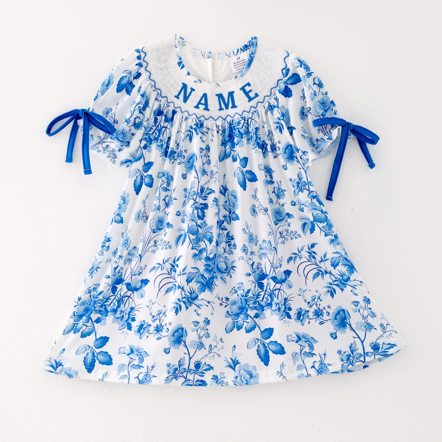 Girls Summer Blue Floral Custom Name Smocked Bow Dress