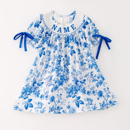 Girls Summer Blue Floral Custom Name Smocked Bow Dress