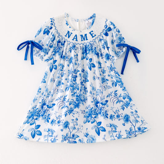 Girls Summer Blue Floral Custom Name Smocked Bow Dress