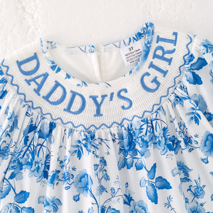 Girls Summer Blue Floral "DADDY'S GIRL" Smocked Bow Dress