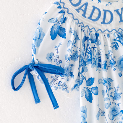 Girls Summer Blue Floral "DADDY'S GIRL" Smocked Bow Dress