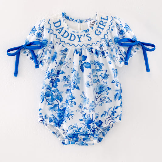 Baby Summer "DADDY'S GIRL" Blue Floral Smocked Romper
