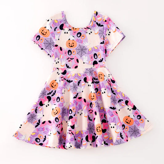Girls Halloween Pumpkin Ghost Short Sleeves Twirl Dress