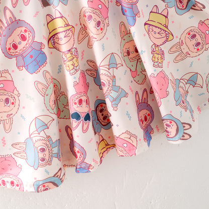Girls Summer Cute LABUBU Cartoon Print Twirl Dress