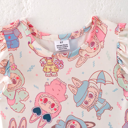 Girls Summer Cute LABUBU Cartoon Print Twirl Dress