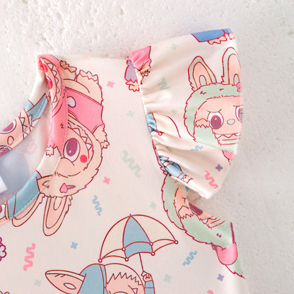 Girls Summer Cute LABUBU Cartoon Print Twirl Dress