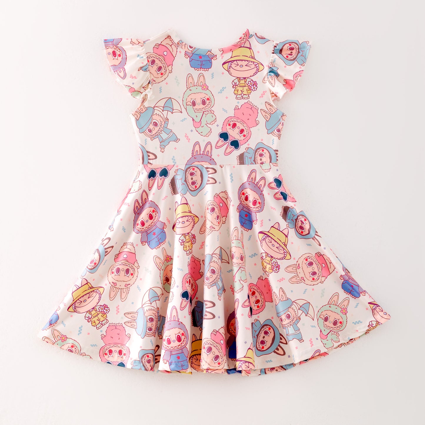 Girls Summer Cute LABUBU Cartoon Print Twirl Dress