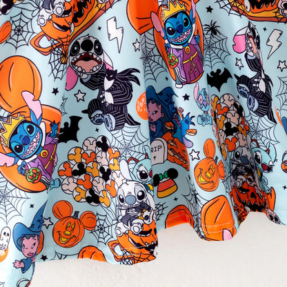Girls Halloween Pumpkin Ghost Bat Cartoon Twirl Dress