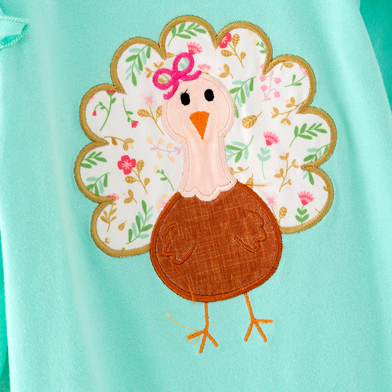 Baby Girls Turkey Applique Mint Cotton Ruffled Romper
