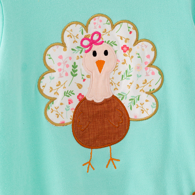 Girls Thanksgiving Turkey Applique Mint Floral Pant Set