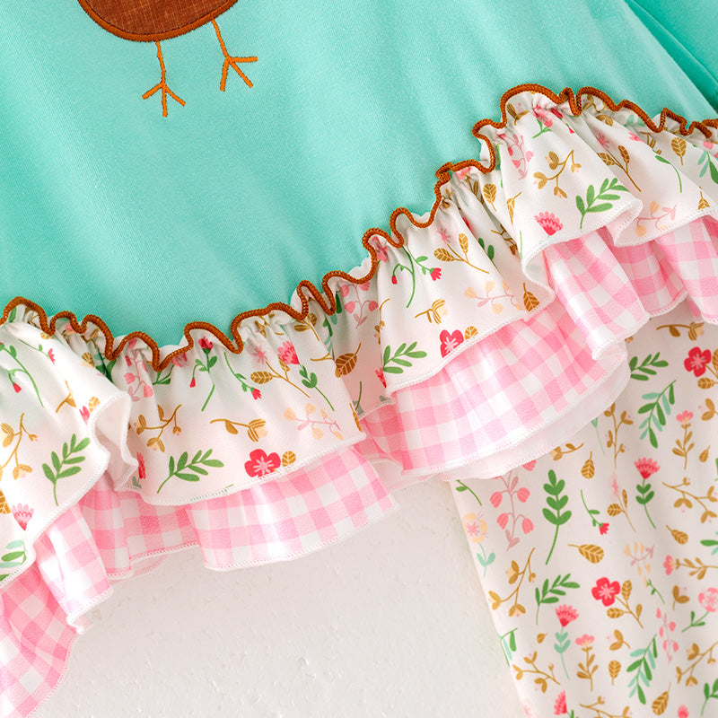 Girls Thanksgiving Turkey Applique Mint Floral Pant Set