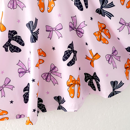 Girls Halloween Orange Black Purple Bow Print Twirl Dress