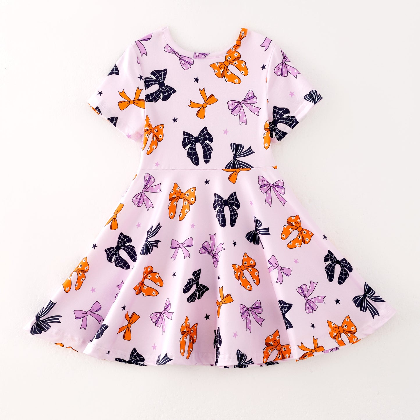 Girls Halloween Orange Black Purple Bow Print Twirl Dress