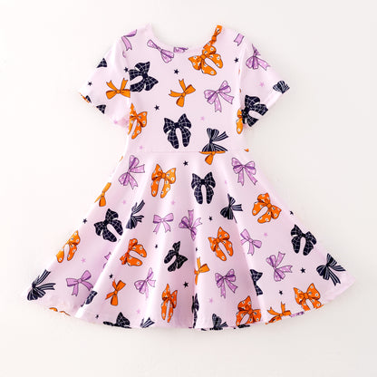 Girls Halloween Orange Black Purple Bow Print Twirl Dress