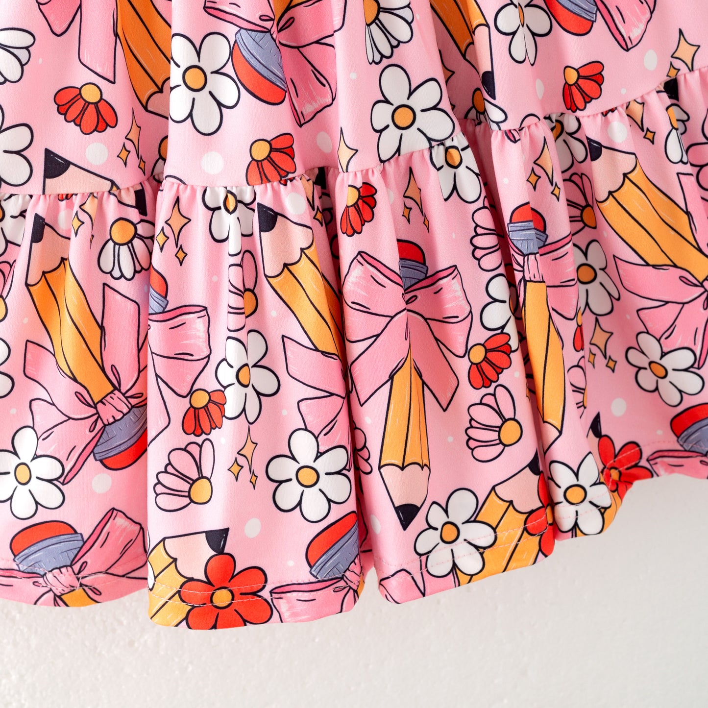 Back to School Puff Sleeve Dress – Apple, Pencil & Bus Print