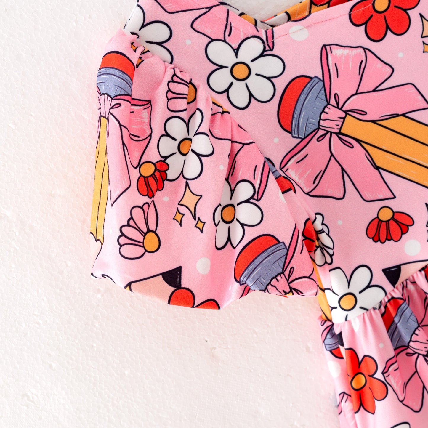 Back to School Puff Sleeve Dress – Apple, Pencil & Bus Print