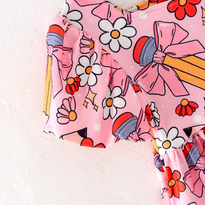 Back to School Puff Sleeve Dress – Apple, Pencil & Bus Print