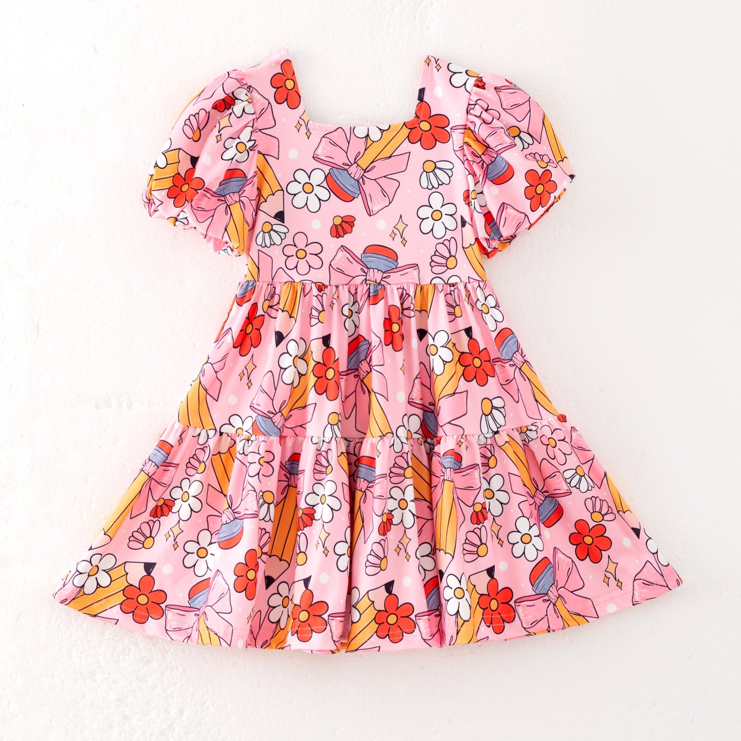 Back to School Puff Sleeve Dress – Apple, Pencil & Bus Print