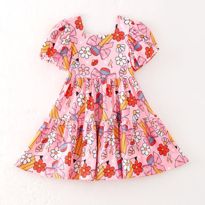 Back to School Puff Sleeve Dress – Apple, Pencil & Bus Print