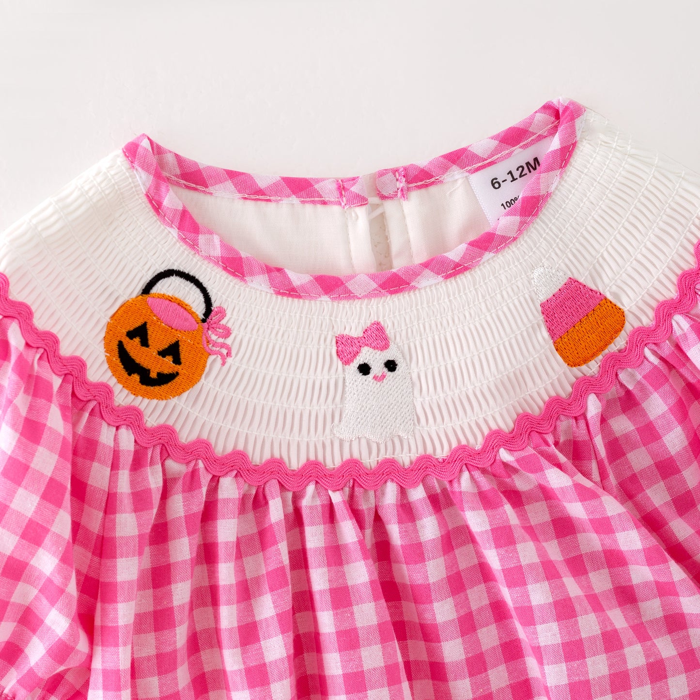 Baby Girls Halloween Pink Plaid Smocked Embroidery Bubbles