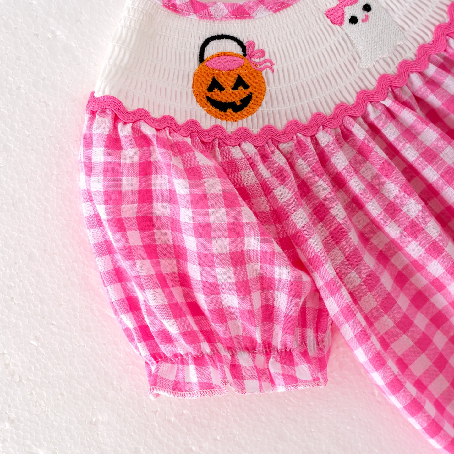 Baby Girls Halloween Pink Plaid Smocked Embroidery Bubbles