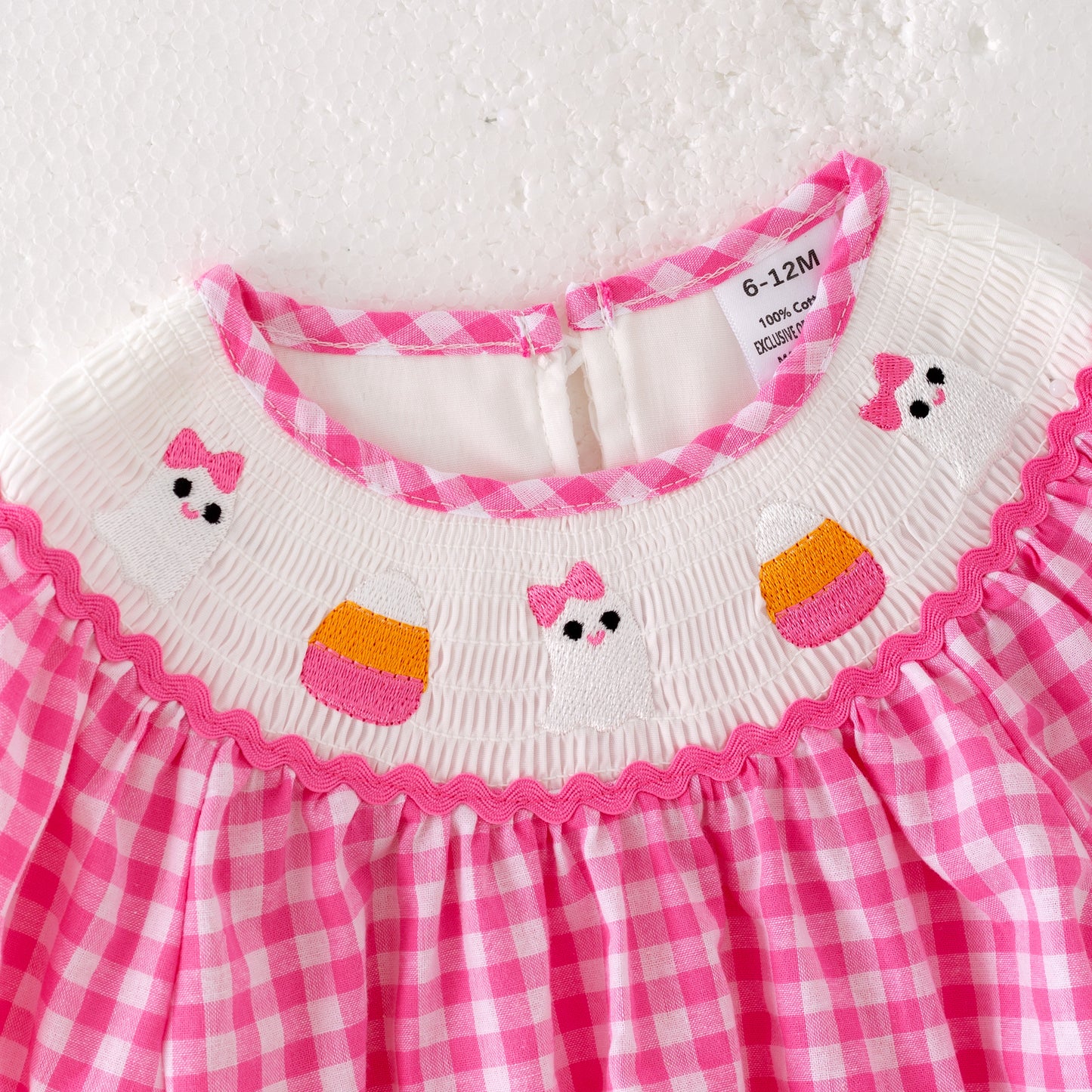 Baby Girls Halloween Pink Plaid Smocked Embroidery Bubbles