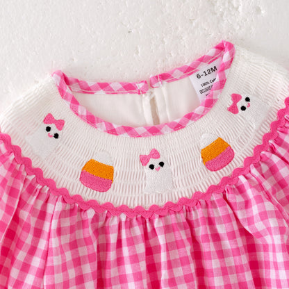 Baby Girls Halloween Pink Plaid Smocked Embroidery Bubbles