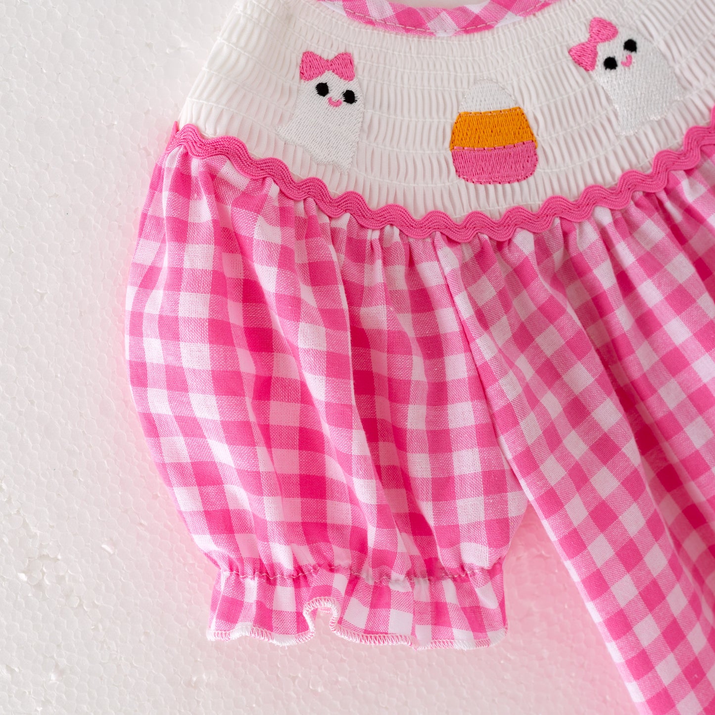 Baby Girls Halloween Pink Plaid Smocked Embroidery Bubbles