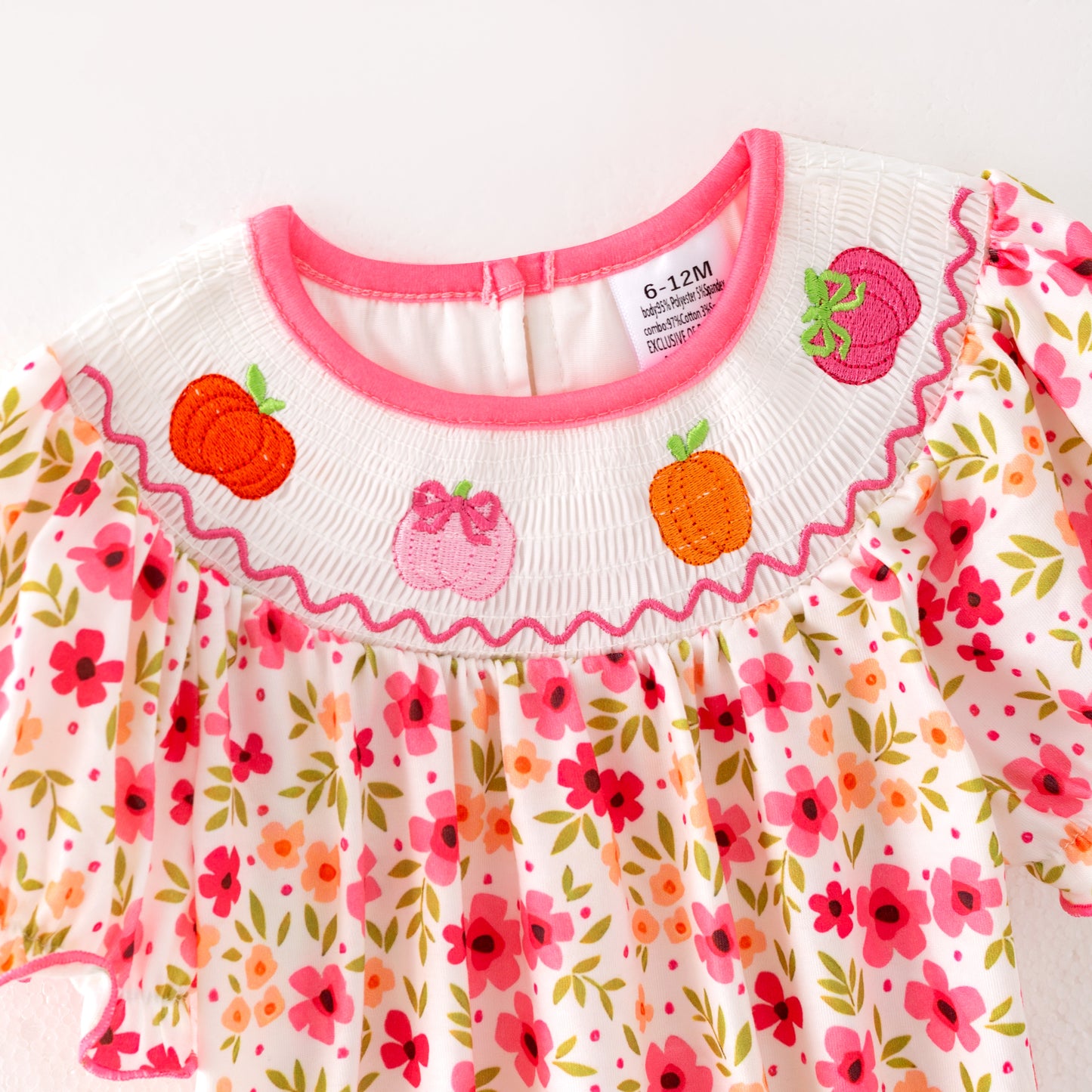 Girls Halloween Pink Orange Pumpkin Embroidery Romper