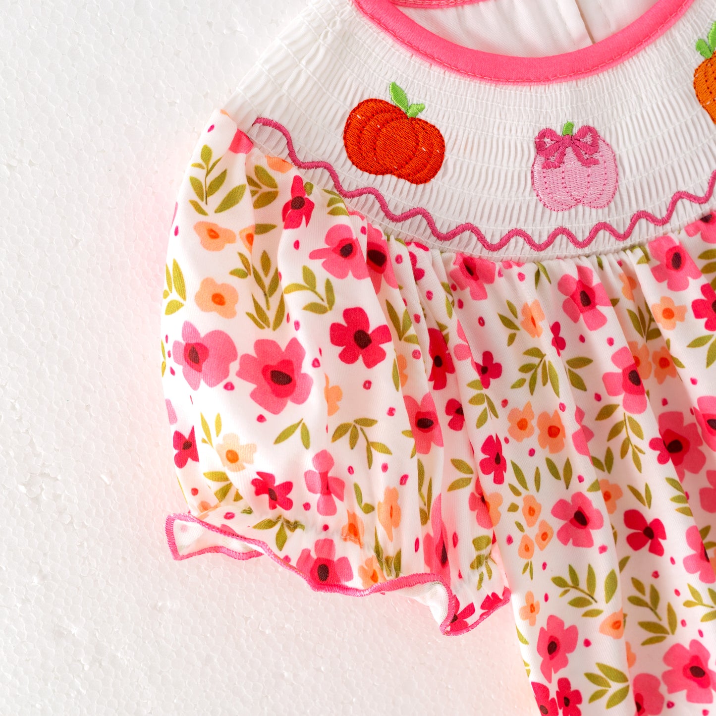 Girls Halloween Pink Orange Pumpkin Embroidery Romper
