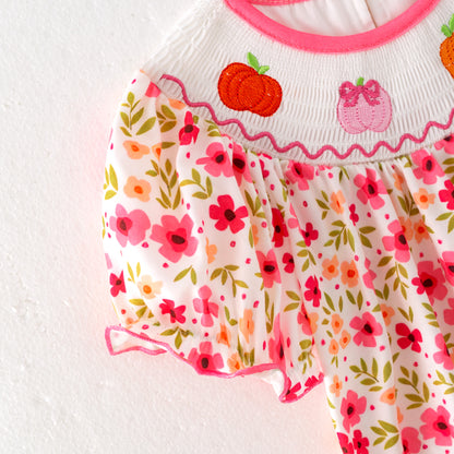 Girls Halloween Pink Orange Pumpkin Embroidery Romper