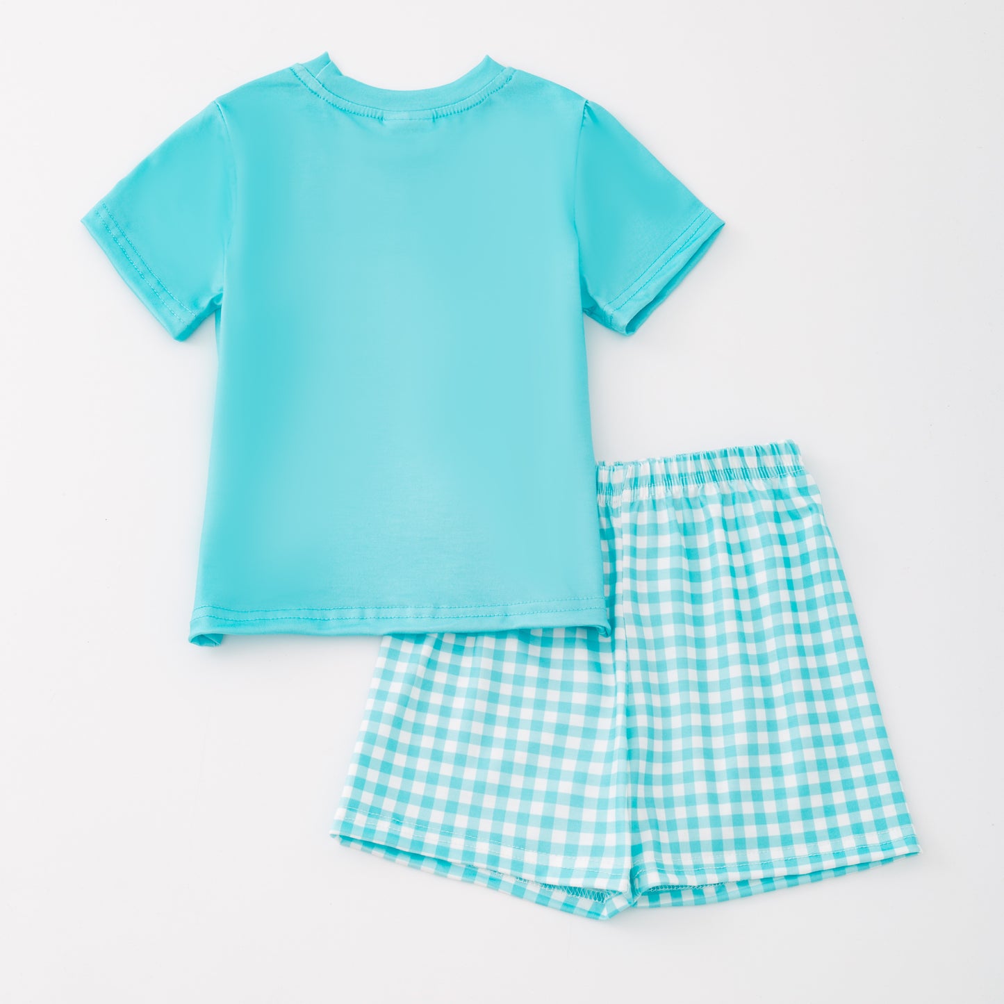 Boys Summer Custom Name Blue Plaid Romper Short Set