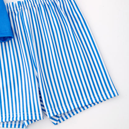 Boys Summer Smocked Custom Name Blue Stripes Short Set