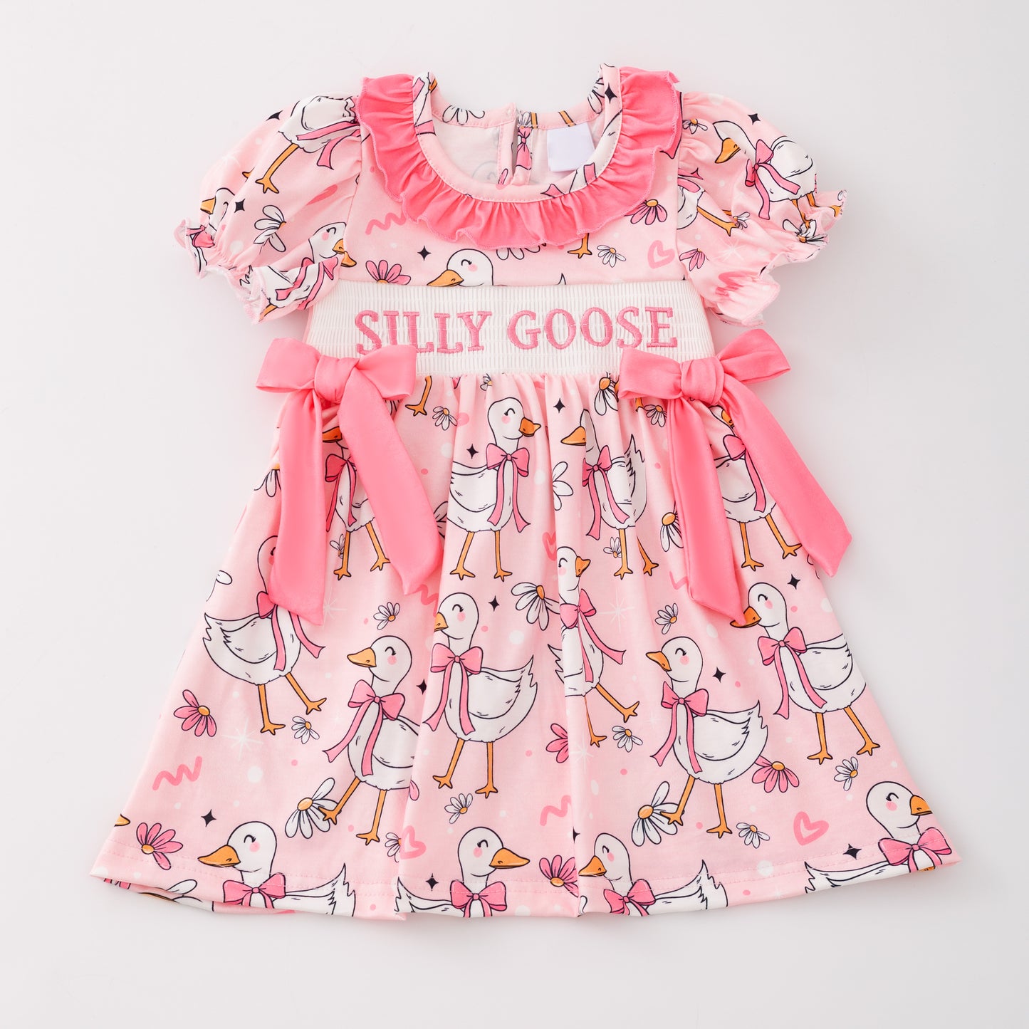 Girls Summer SILLY GOOSE Print Smocked Embroidered Dress