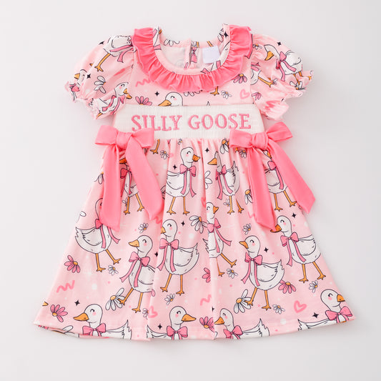Girls Summer SILLY GOOSE Print Smocked Embroidered Dress