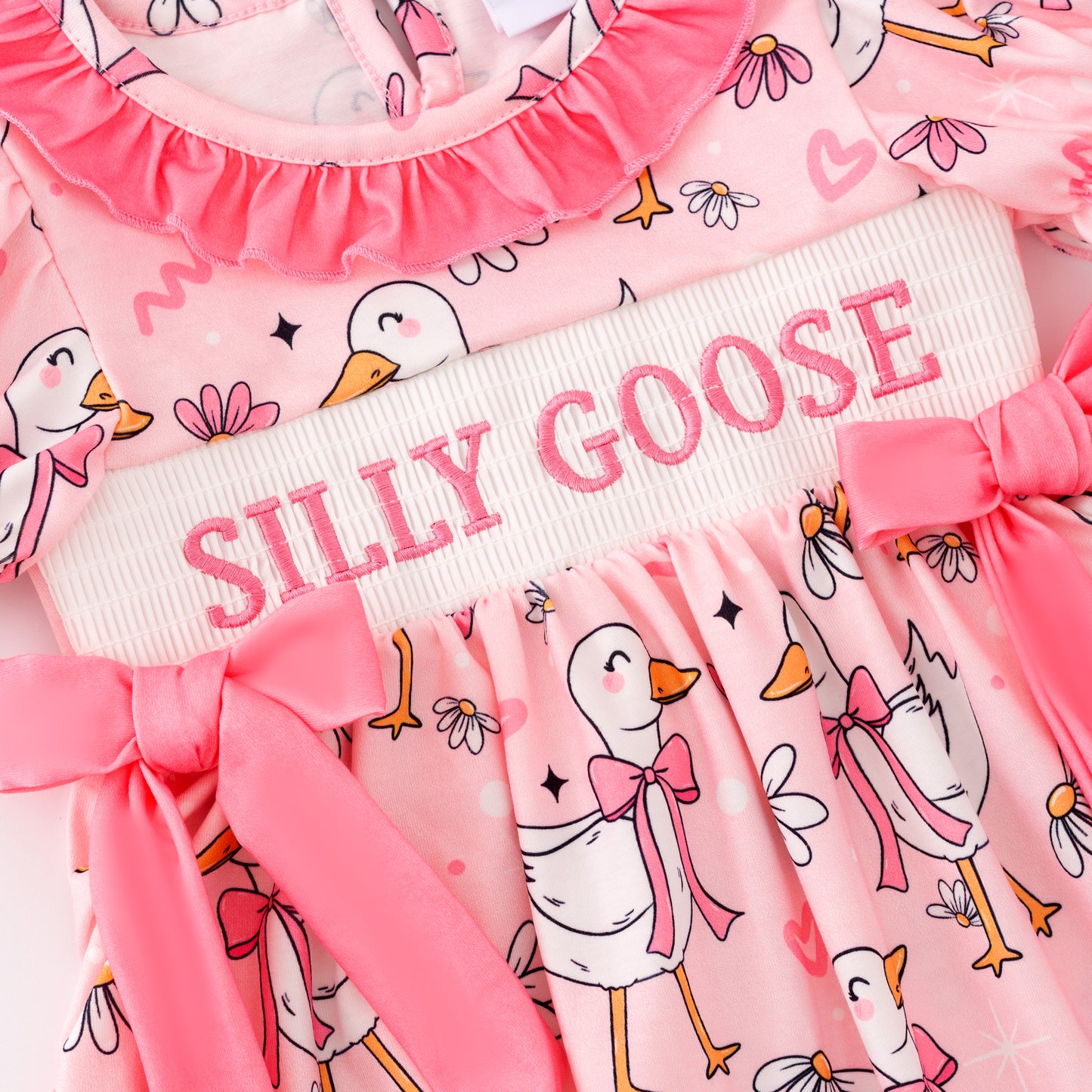 Girls Summer SILLY GOOSE Print Smocked Embroidered Dress