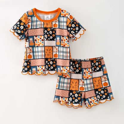 Girls Halloween Pumpkin Scalloped Trim Short Set | Boutique Fall Outfit