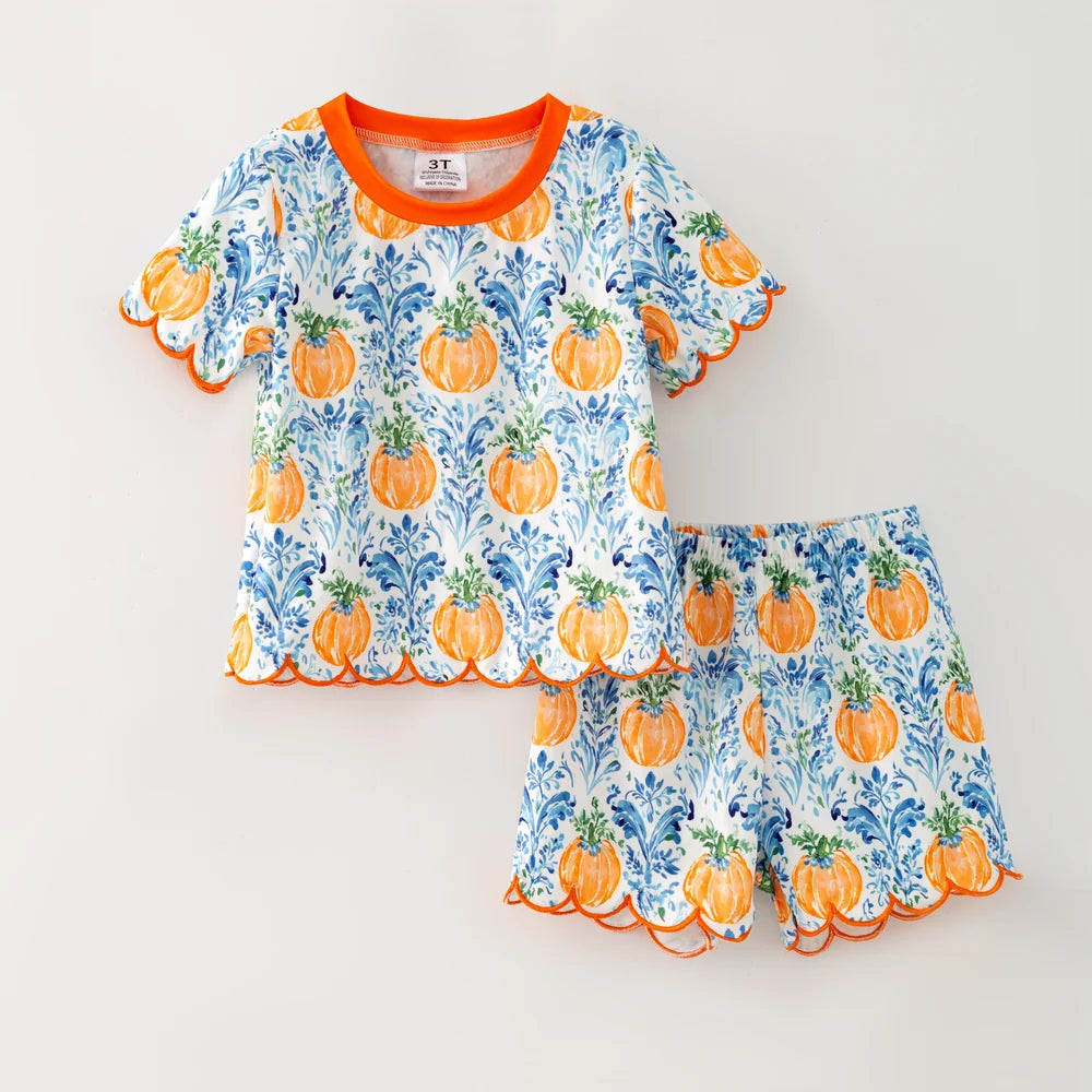 Girls Halloween Pumpkin Scalloped Trim Short Set | Boutique Fall Outfit