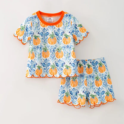 Girls Halloween Pumpkin Scalloped Trim Short Set | Boutique Fall Outfit