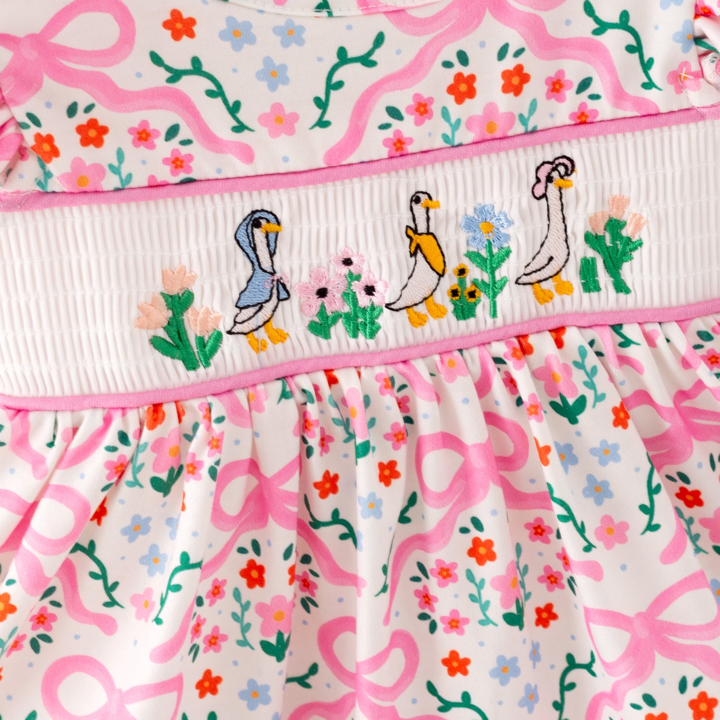 Girls Summer Pink Floral Silly Goose Embroidery Smock Clothes