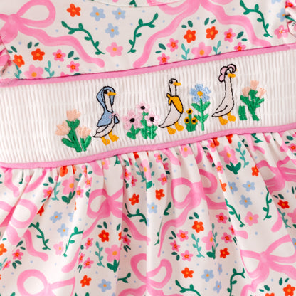 Girls Summer Pink Floral Silly Goose Embroidery Smock Clothes