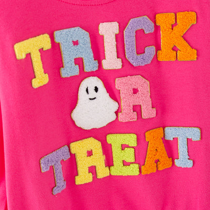 Girls Halloween TRICK OR TREAT Chenille Patches Hot Pink Sweatshirt