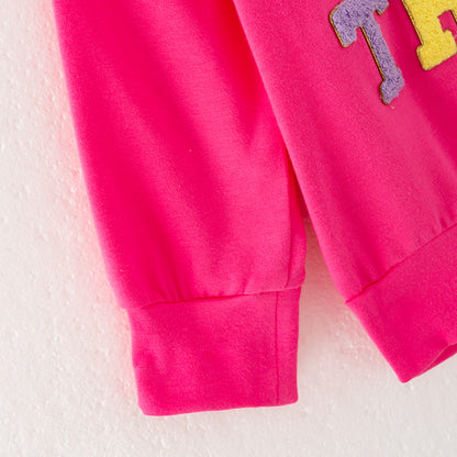 Girls Halloween TRICK OR TREAT Chenille Patches Hot Pink Sweatshirt
