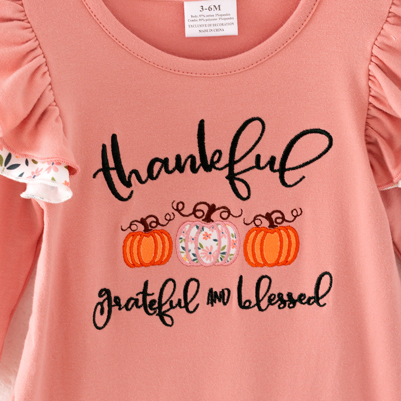 Baby Girls Thankful Grateful Blessed Print Coral Floral Ruffled Romper