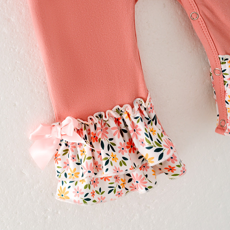 Baby Girls Thankful Grateful Blessed Print Coral Floral Ruffled Romper